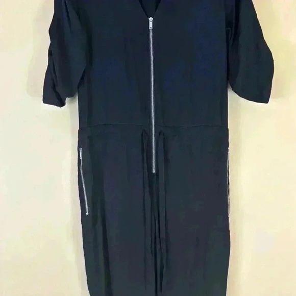 DKNY Black Zipper Pocket Drawstring Waist Roll-Tab Sleeve V Neck Jumpsuit Size 4 - Picture 9 of 16